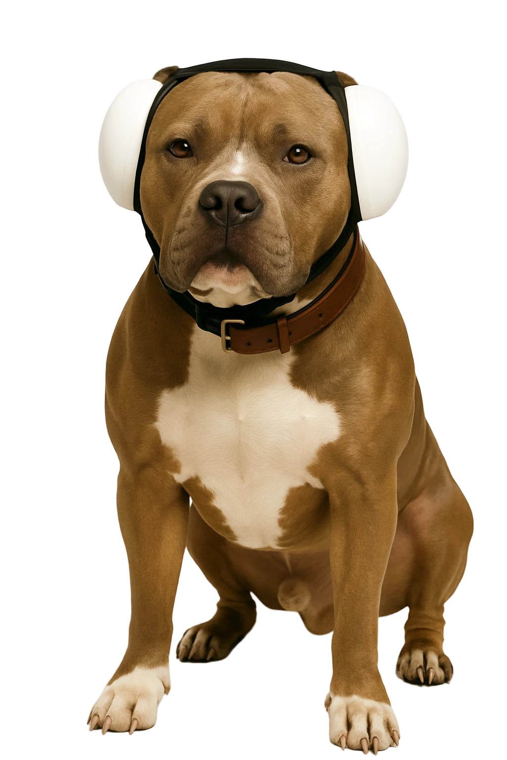 American Pitbull wearing white noise cancelling headphones and a brown collar on a white background