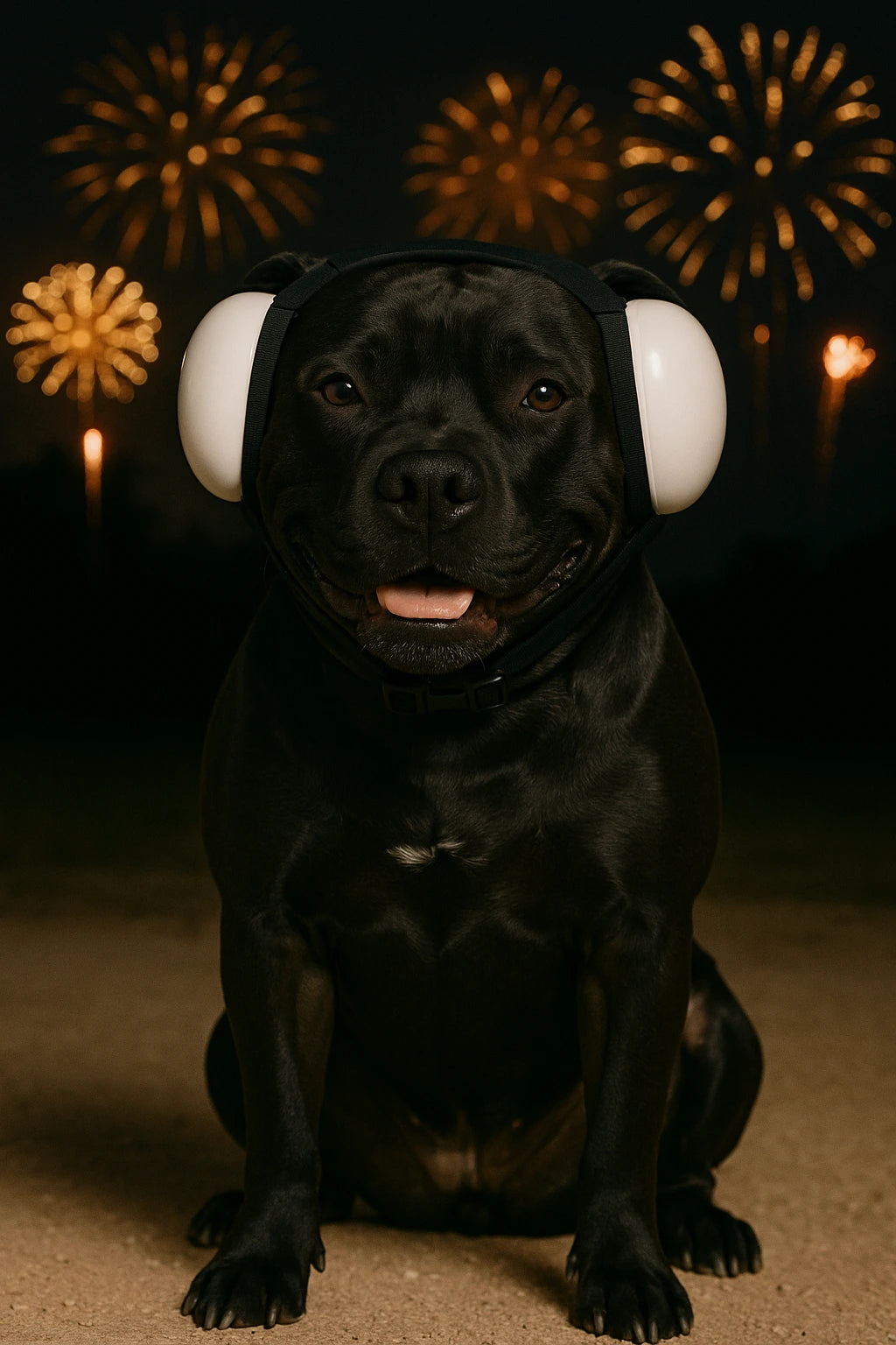 Black dog wearing dog earmuffs when fireworks are behind
