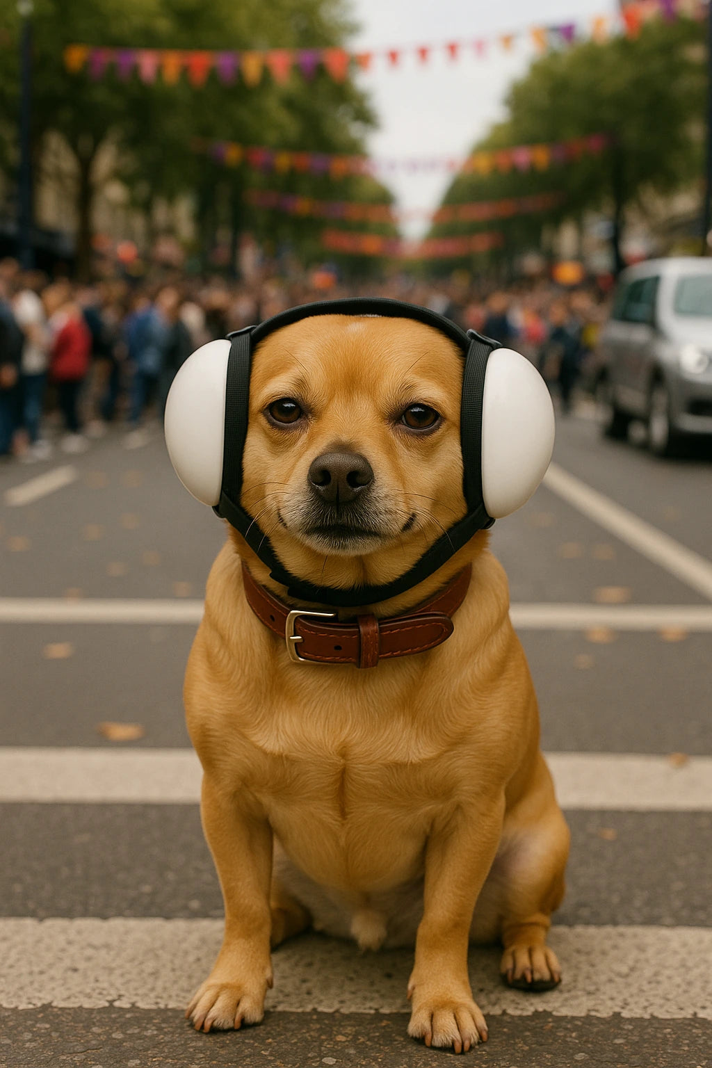 Dog wearing ear muffs on a street with people and cars in the background