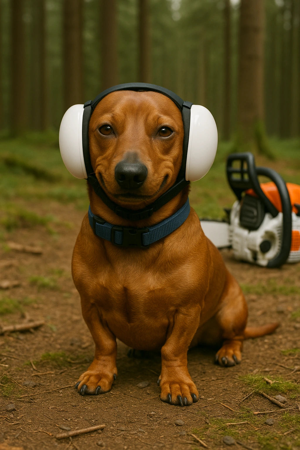Dog wearing noise cancelling headphones in a forest setting with a chainsaw in the background