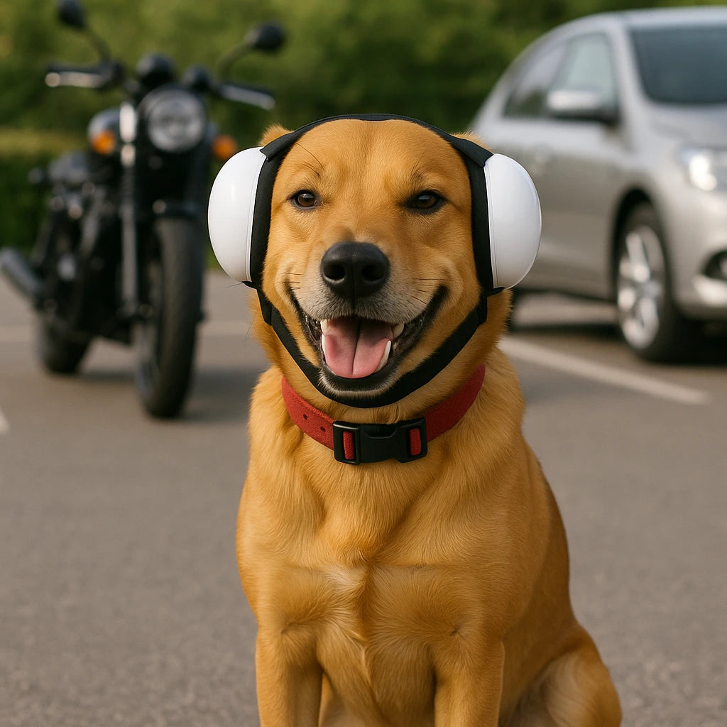 Dog wearing noise isolating ear muffs on a road with a motorcycle and car in the background
