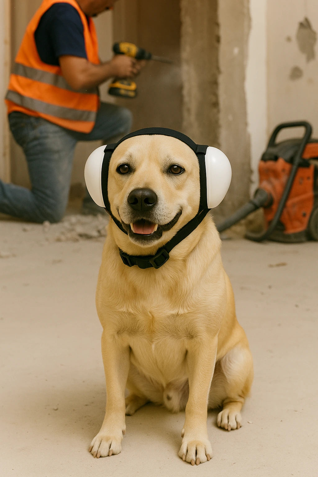 Dog wearing noise isolating ear muffs sitting in a construction site with a person and tools in the background.