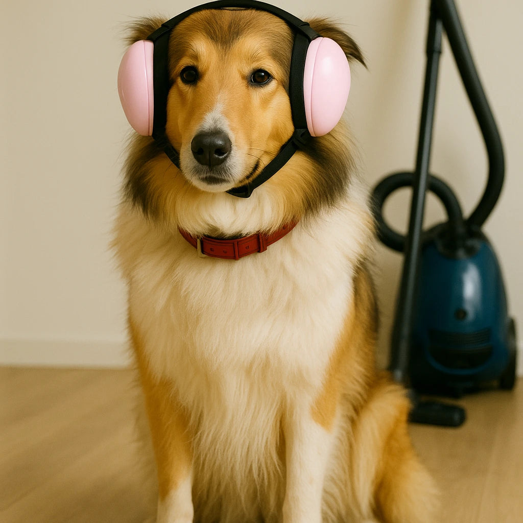Dog wearing pink ear muffs indoors with a vacuum cleaner in the background