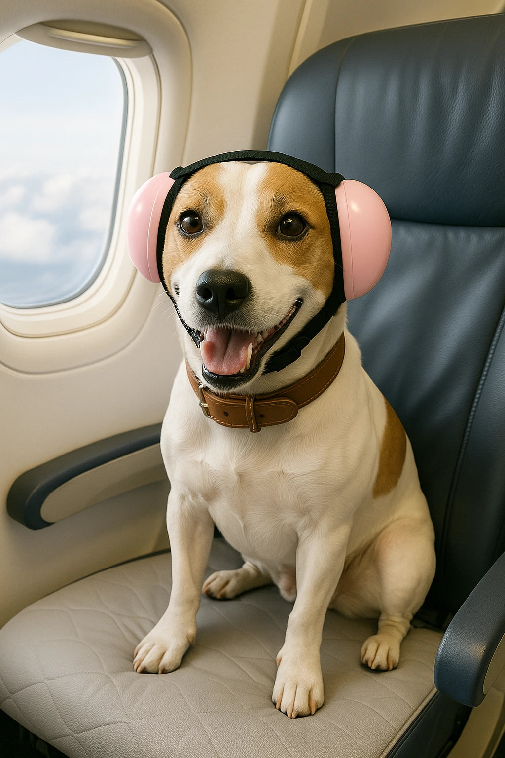 Dog wearing pink ear muffs sitting in an airplane seat with a window view.