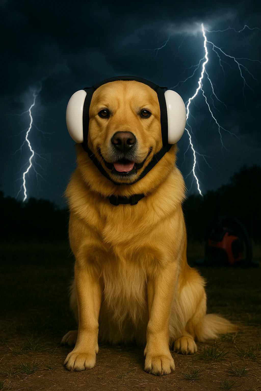 Golden Retriever wearing dog ear muffs during a thunderstorm with a dark background and lightning effects
