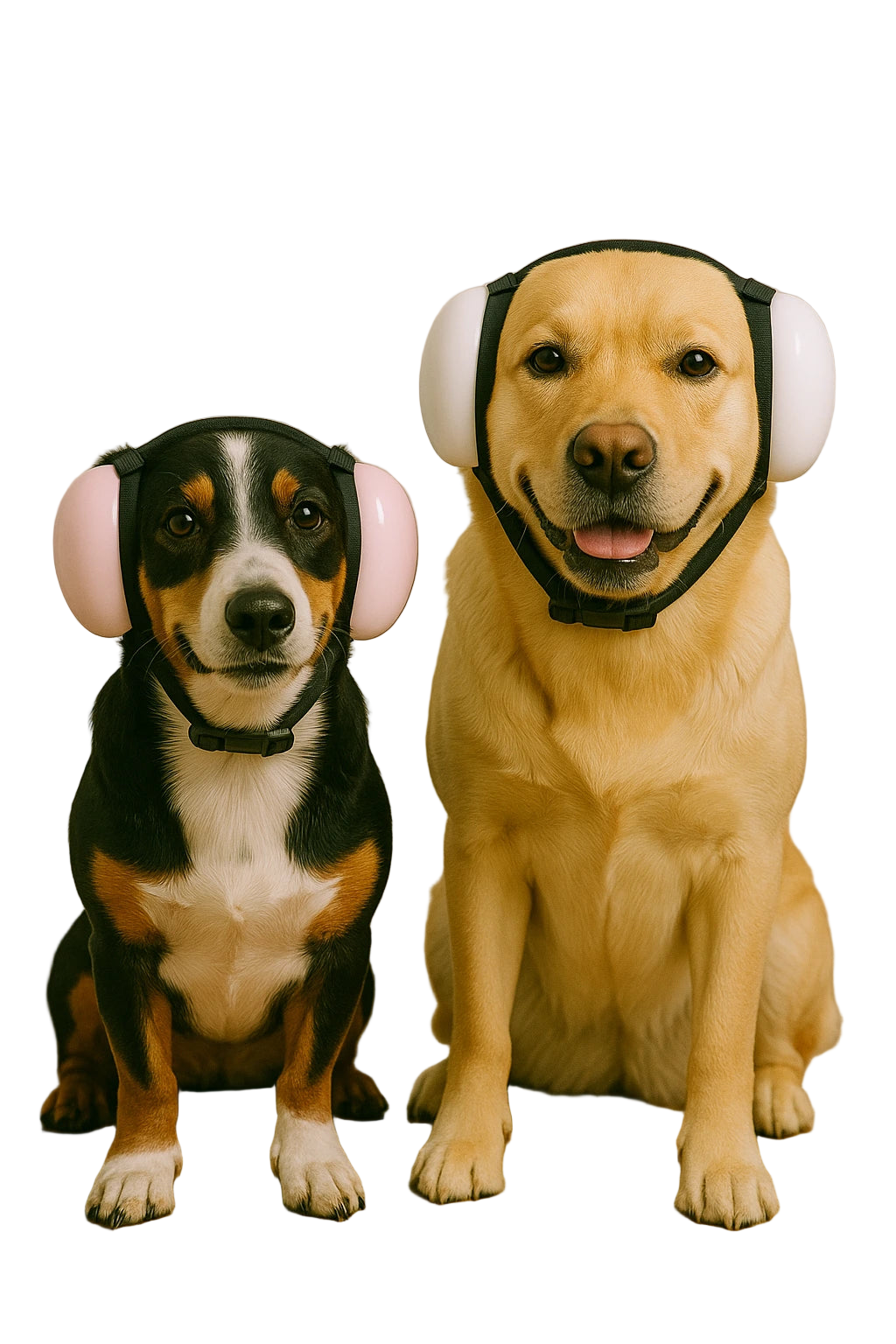 Two dogs wearing pink and white noise isolating headphones