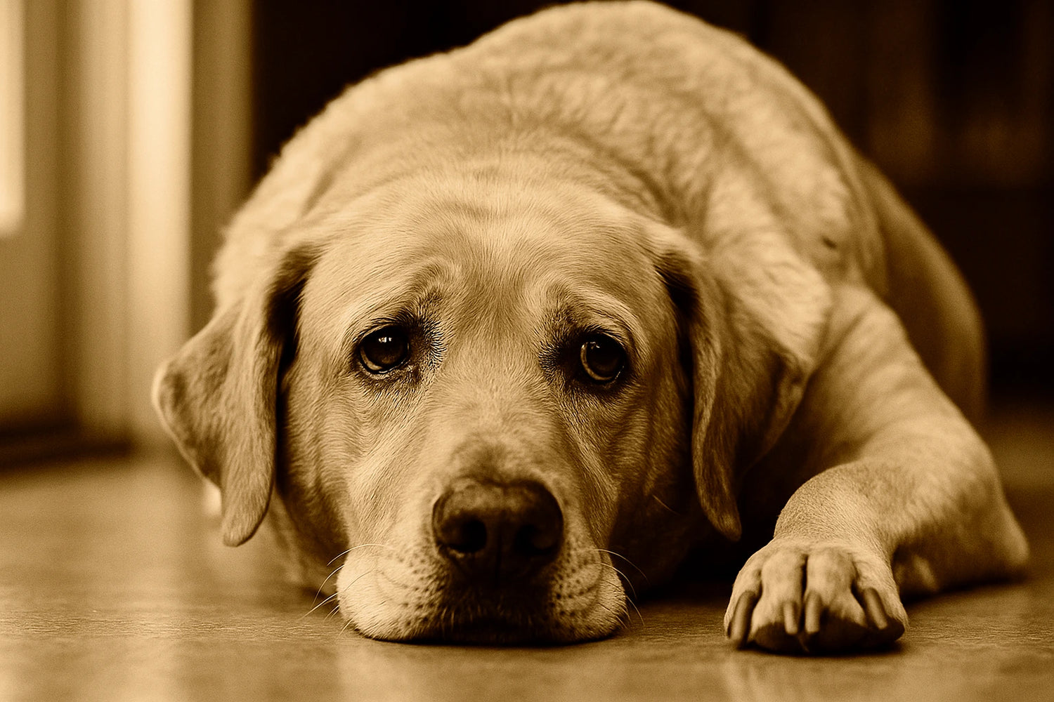 Sepia-toned image of a sad and stressed dog lying on a wooden floor.
