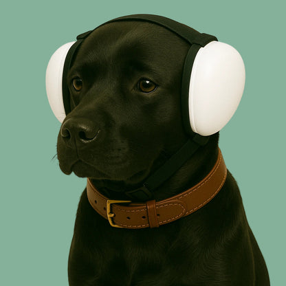 Black labrador wearing white dog ear muffs on a plain background