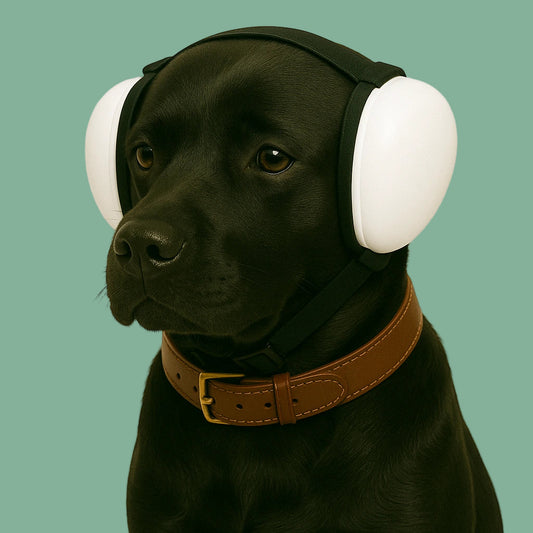 Black labrador wearing white dog ear muffs on a plain background