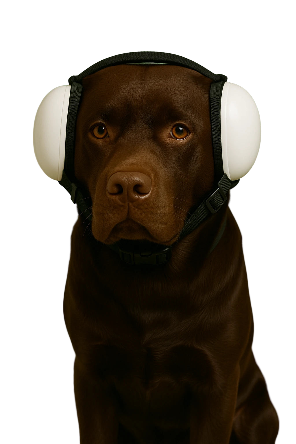 Dog wearing white ear muffs on a blank background