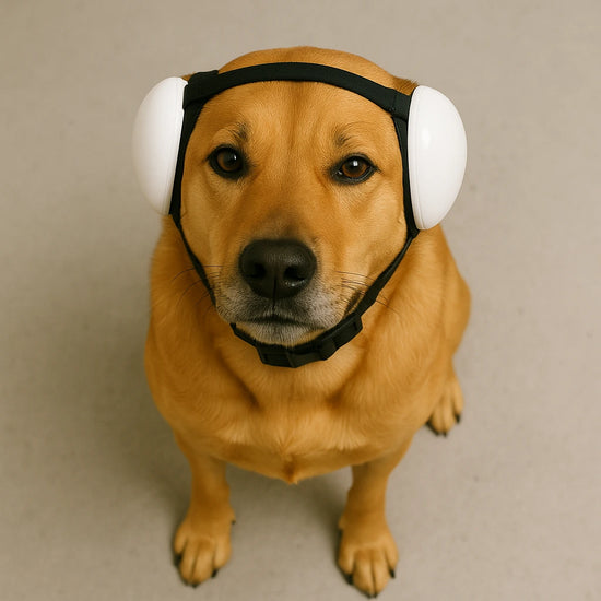 Dog wearing white ear muffs on a plain background