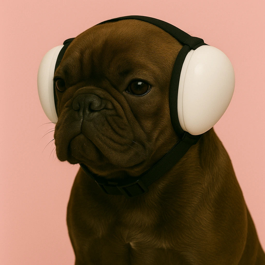 French Buldog wearing white noise cancelling headphones on a pink background