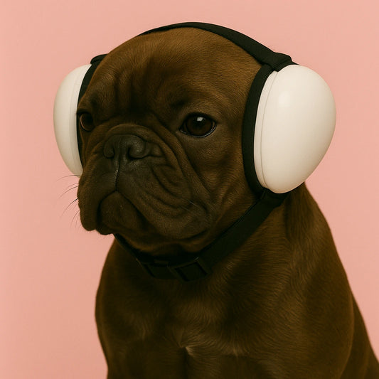 French Buldog wearing white noise cancelling headphones on a pink background